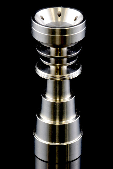 Profile shot of stainless steel nail showing removable lid and tiered adapter for male or female joints.