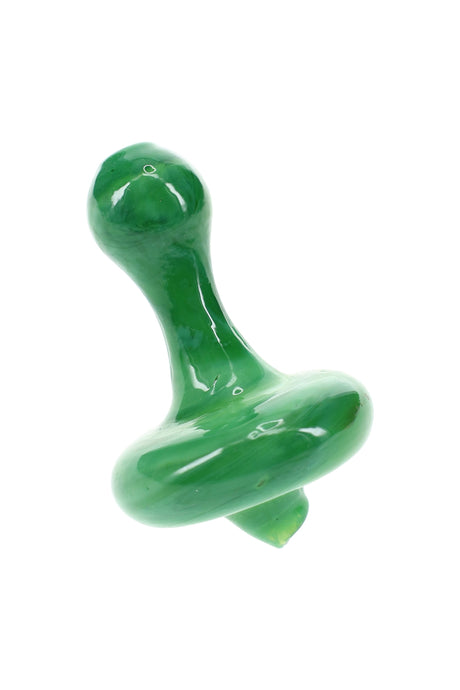 Green glass directional carb cap with easy-grip top and angled spout for targeted airflow on compatible quartz buckets.