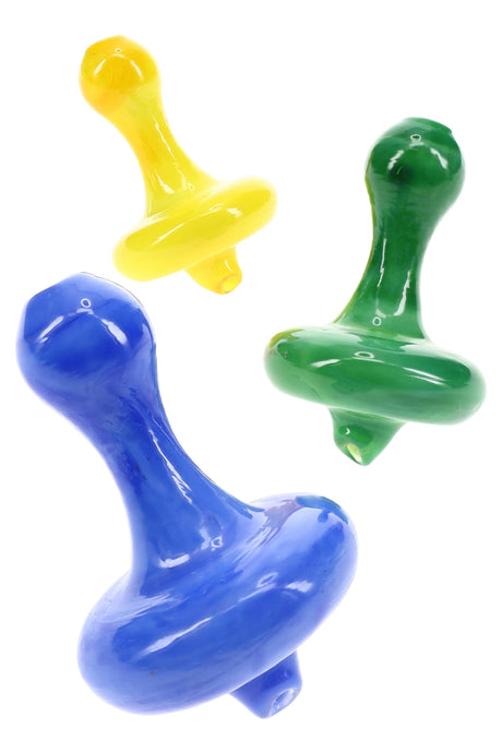 Trio of colored glass directional carb caps in blue, green, and yellow with angled outlets and bulb handles; assorted colors, sold individually.