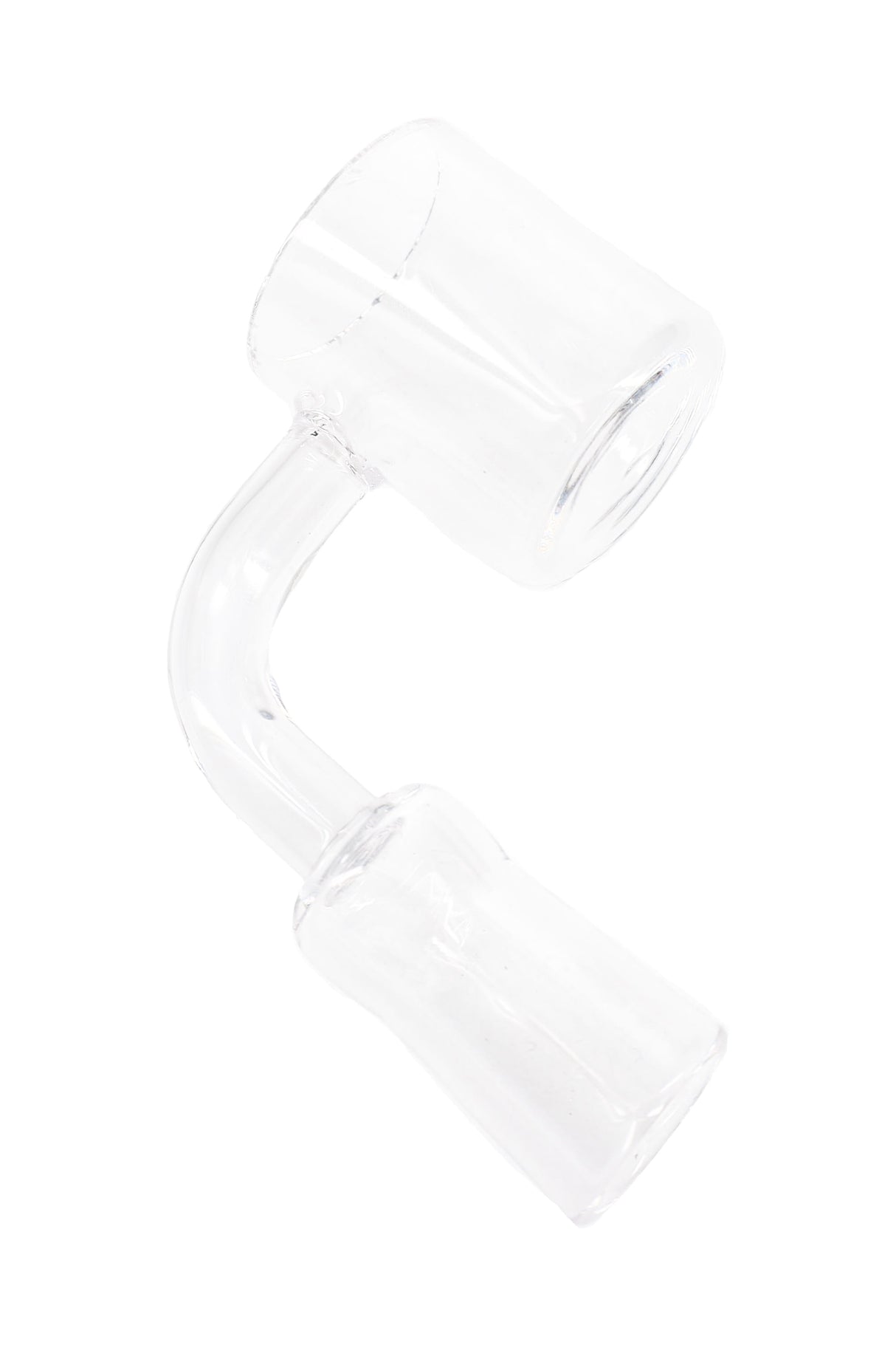 Side view of 30 mm flat-top quartz bucket banger with curved neck and glass-on-glass joint on white background.