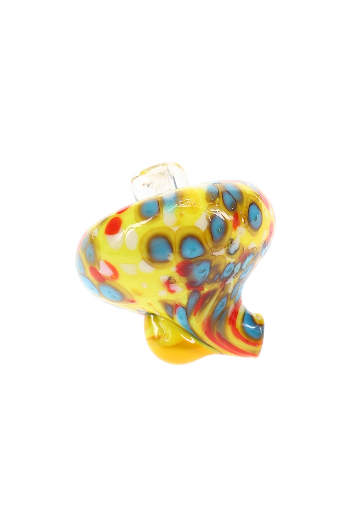 Yellow frit glass carb cap with multicolor spots and raised handle; directional spout for steering airflow during low-temp dabs.