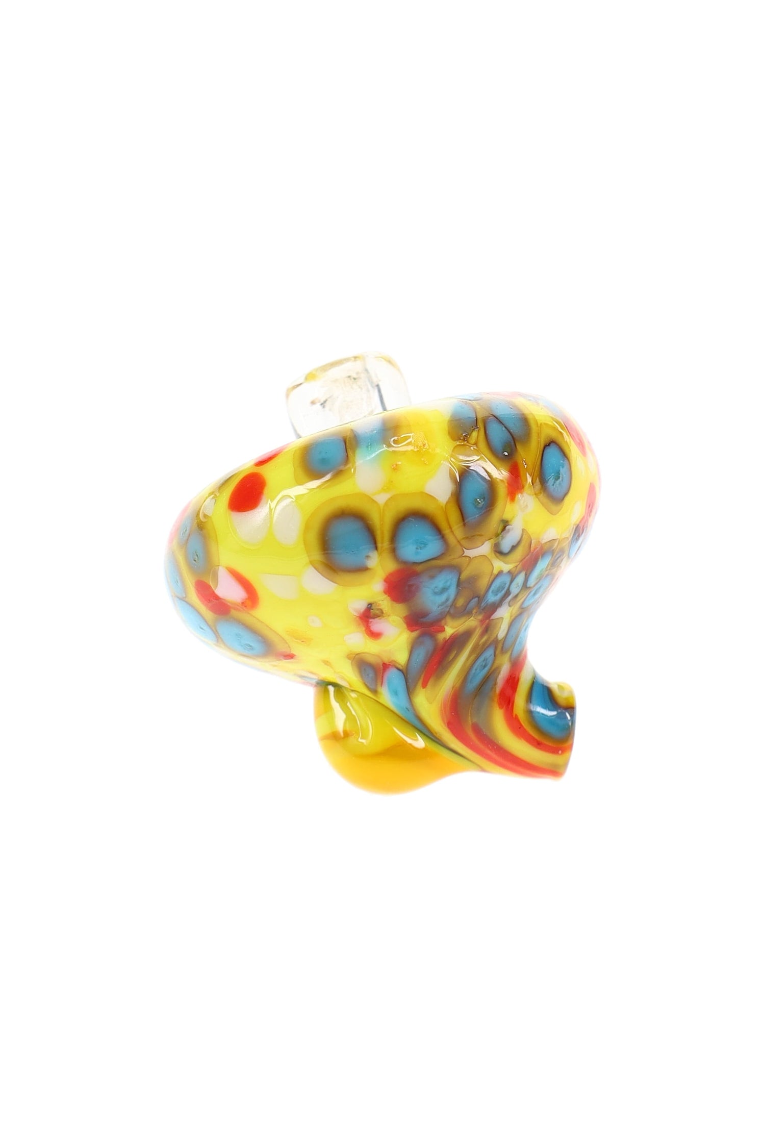 Yellow frit glass carb cap with multicolor spots and raised handle; directional spout for steering airflow during low-temp dabs.