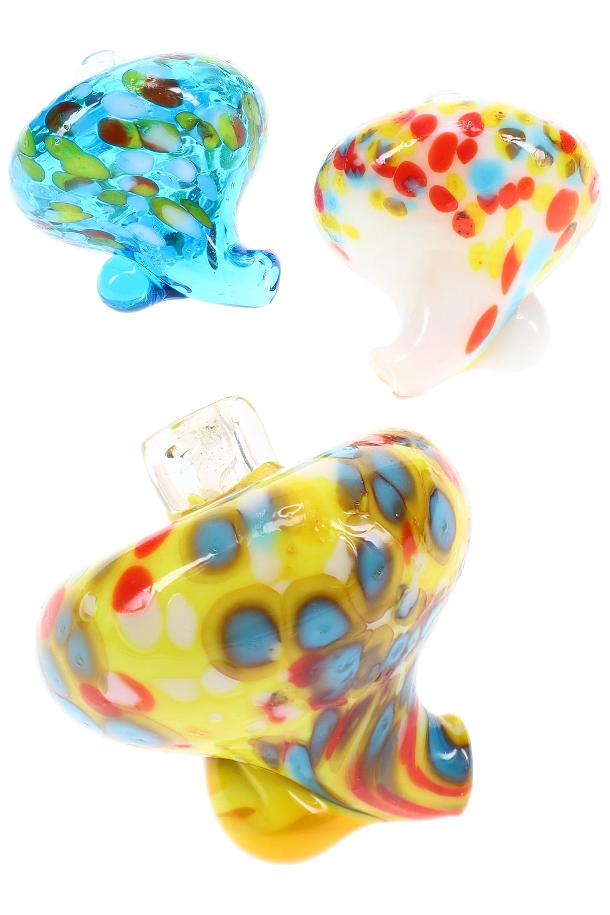 Trio of frit glass carb caps in yellow, white, and aqua with confetti patterns and curved directional spouts; assorted colors, sold individually.