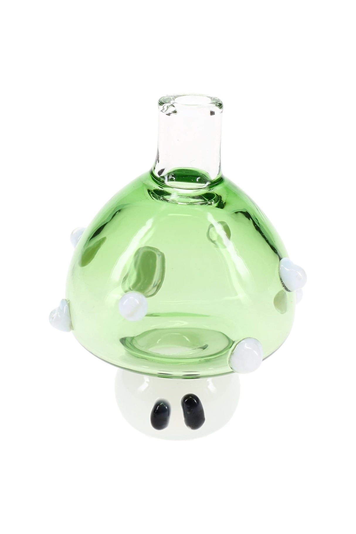 Green glass mushroom carb cap with raised white grip bumps and clear handle neck, 14.5 mm male banger cap