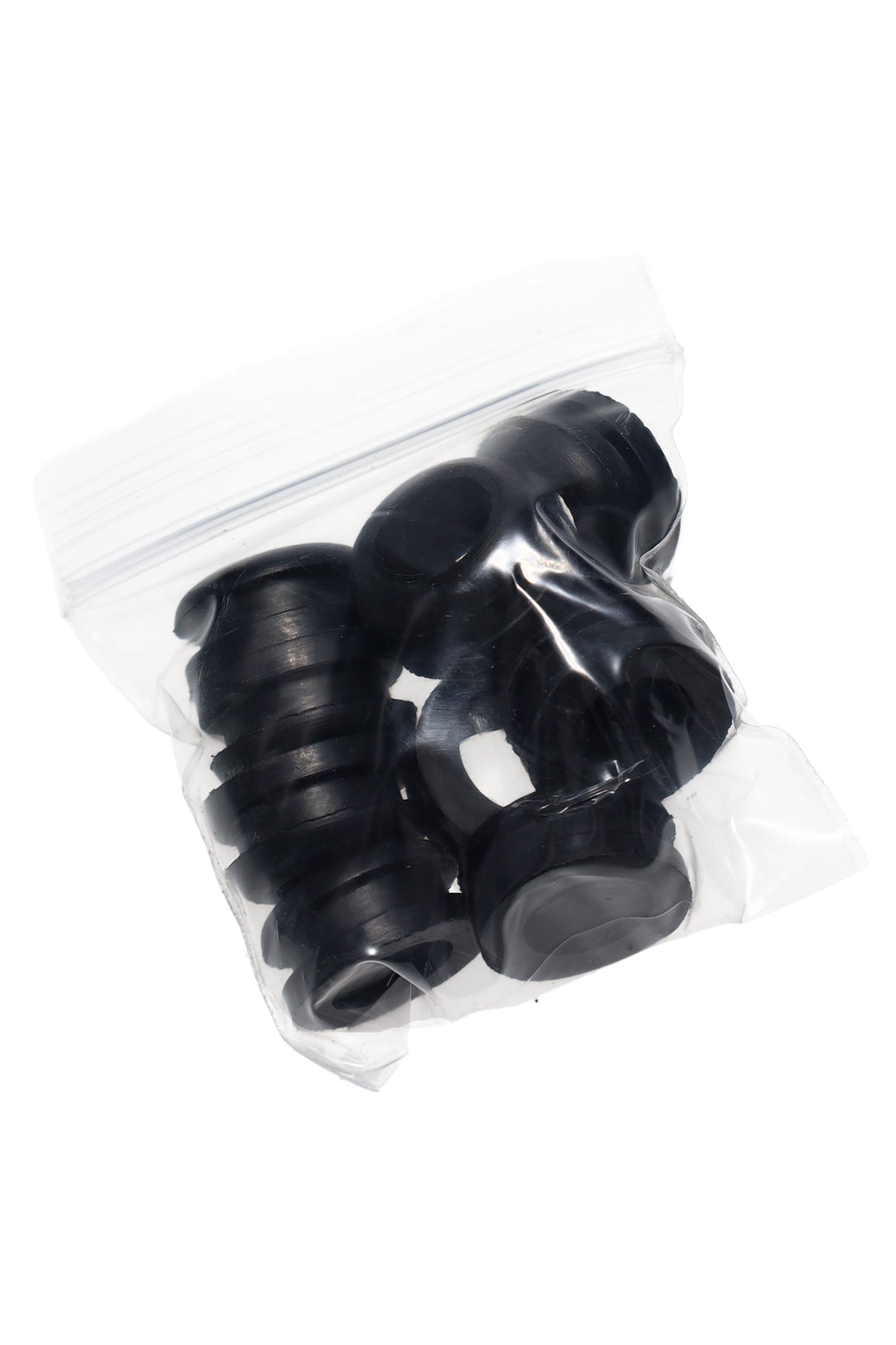 Zip-top bag with ten black 12 mm rubber replacement grommets for grommet-style water pipes.