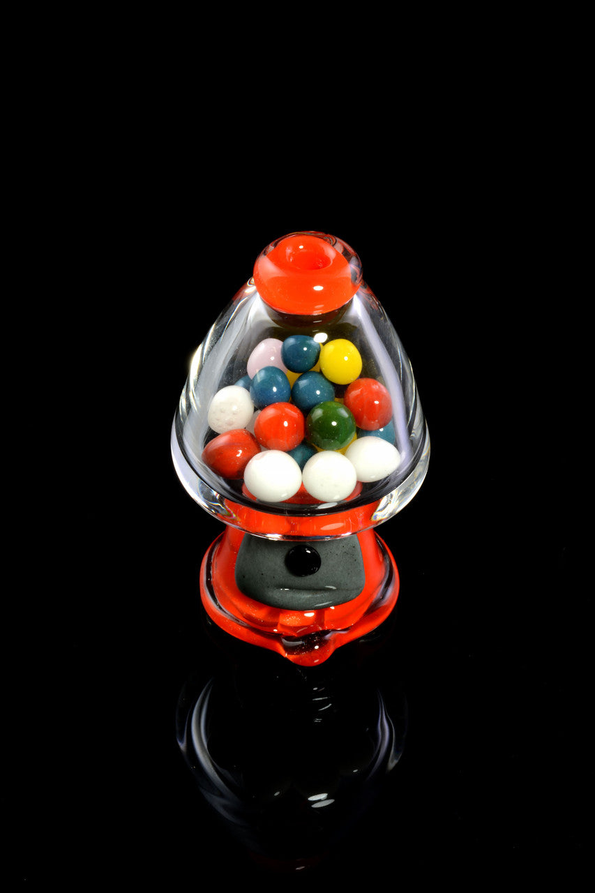 Empire Glassworks gumball machine bubble cap with red base and clear dome full of multicolor marbles, US-made glass dab rig accessory.