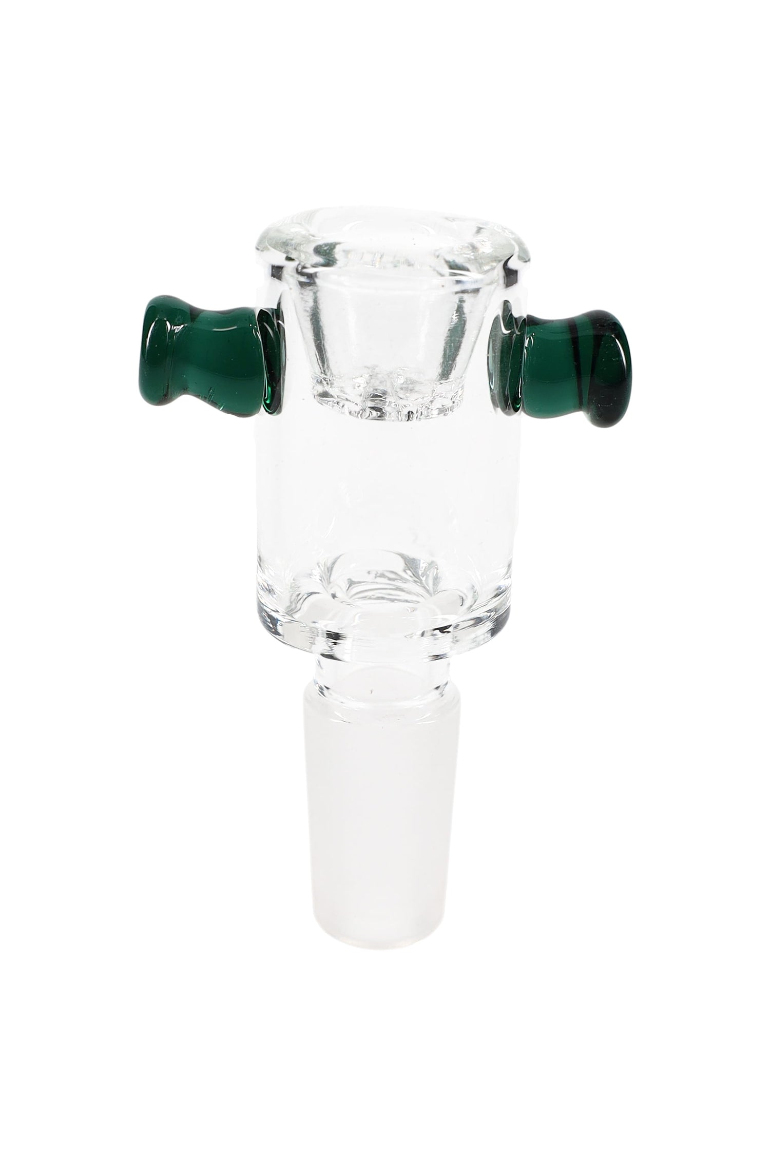 Clear glass screen bong bowl with 14.5 mm male ground joint, built-in daisy screen, and dark green grip tabs on each side.