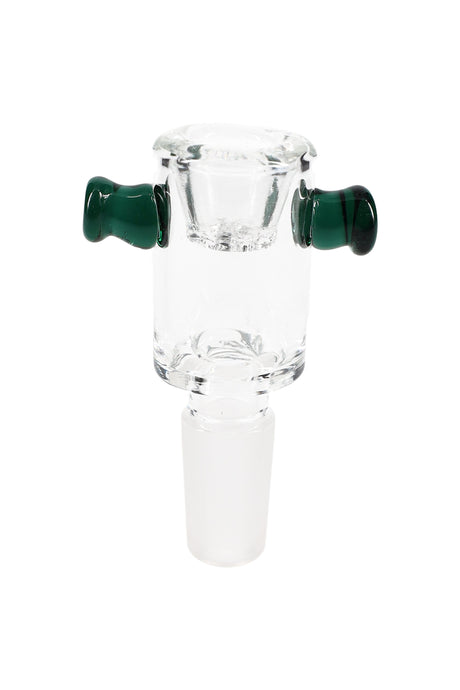 Clear glass screen bong bowl with 14.5 mm male ground joint, built-in daisy screen, and dark green grip tabs on each side.