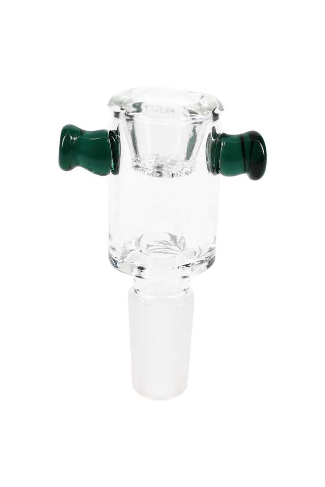 Clear glass screen bong bowl with 14.5 mm male ground joint, built-in daisy screen, and dark green grip tabs on each side.