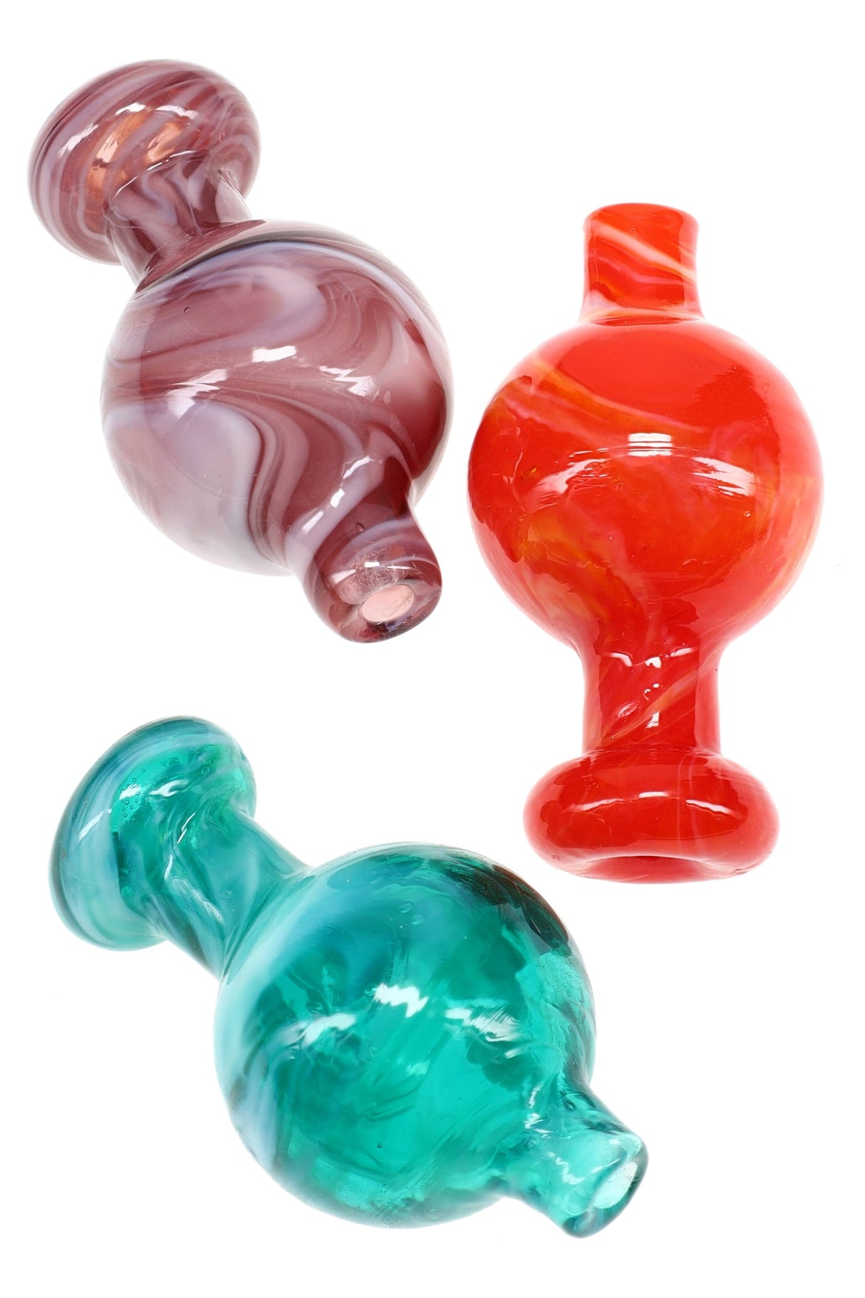 Trio of colorful glass bubble carb caps—red, teal, and purple—rounded bodies with tapered airflow tips; assorted colors.