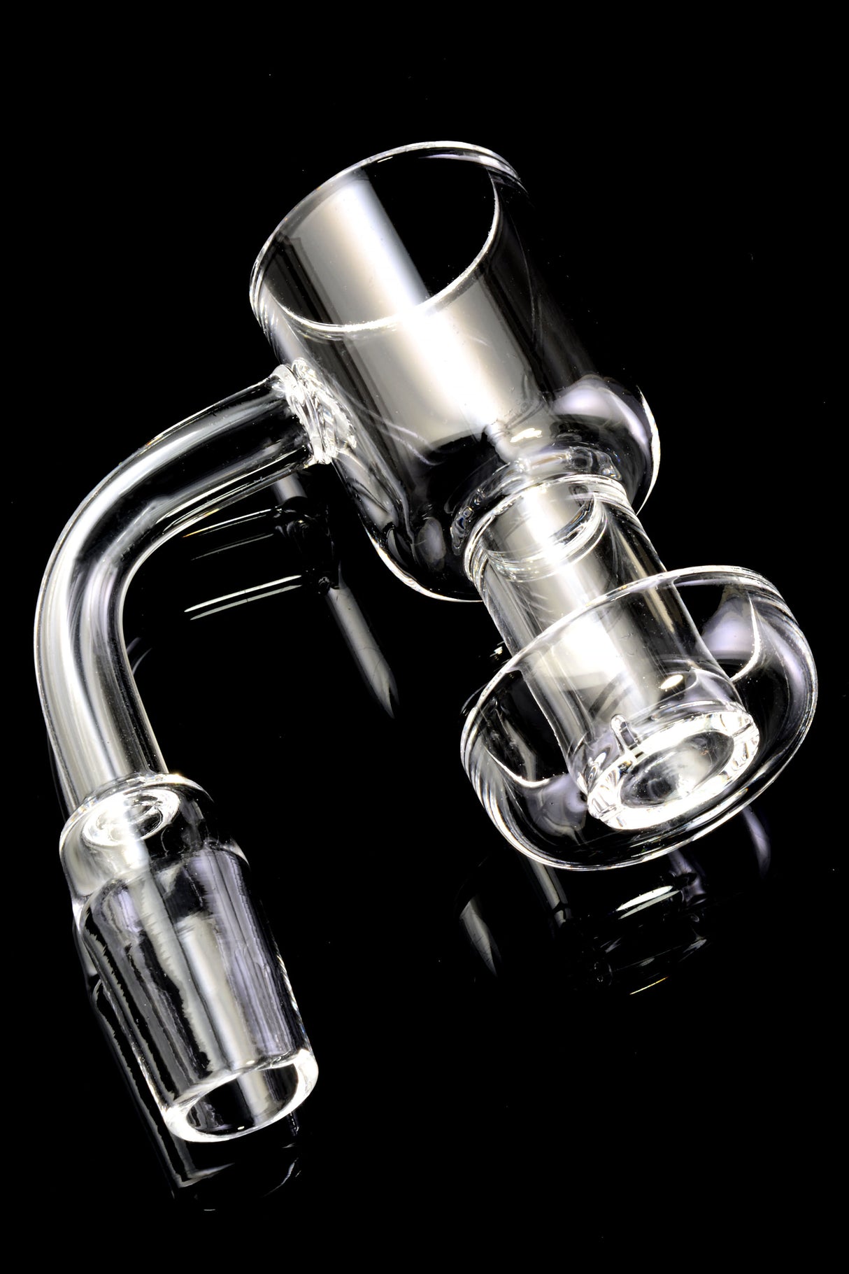 Close-up of 14.5 mm male quartz slurper banger showing flat-top bucket, center tube, and dish on a glossy black background.