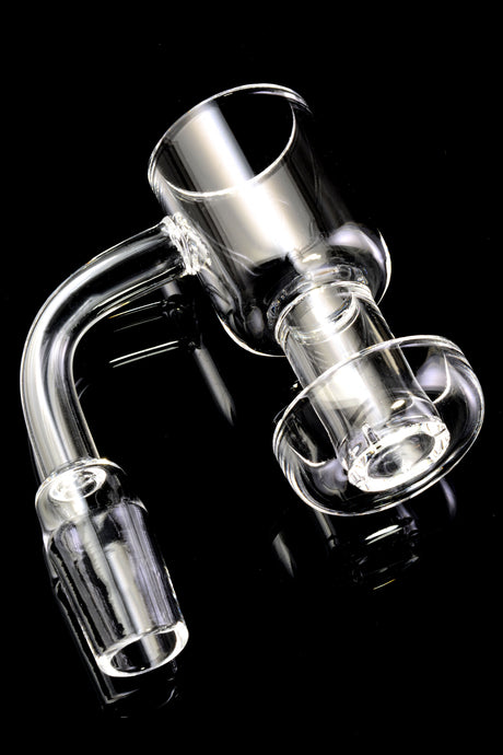 Close-up of 14.5 mm male quartz slurper banger showing flat-top bucket, center tube, and dish on a glossy black background.