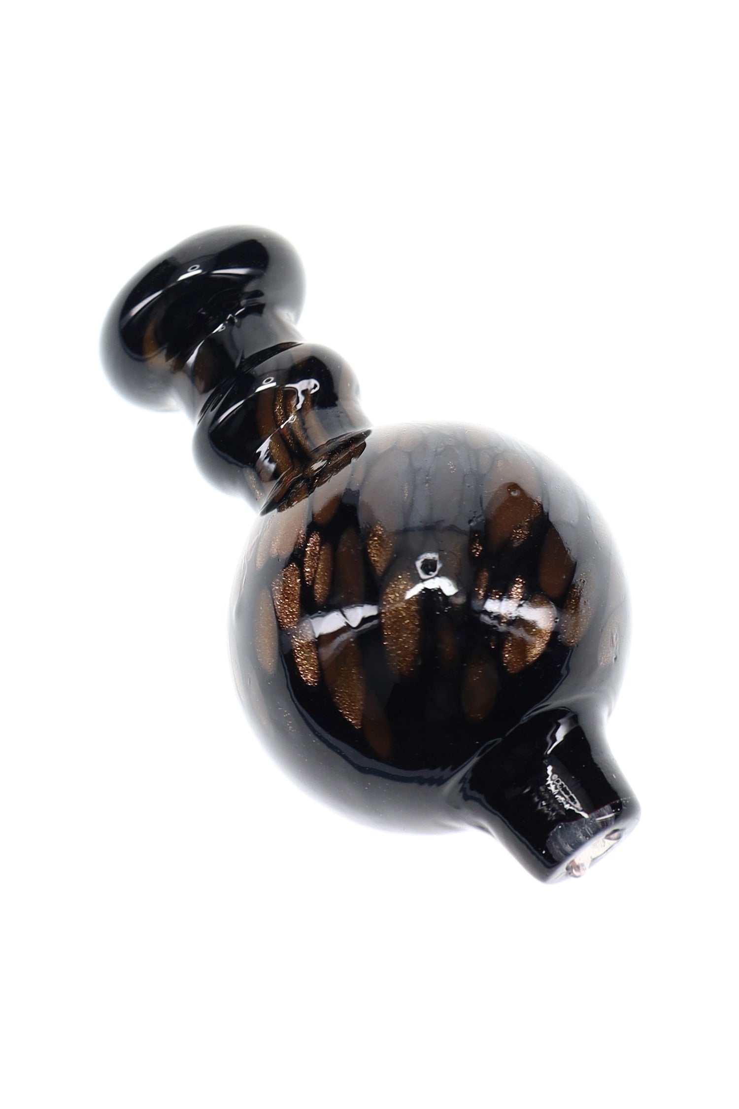 Sparkly black glass bubble carb cap with rounded handle and short spout for airflow control on quartz bangers; glossy finish, single piece.