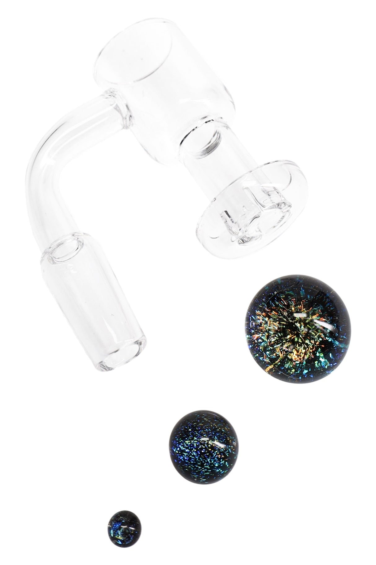 Quartz terp slurper banger with 14.5 mm male joint and recessed dish, shown with three sparkling dichro beads, clear glass.