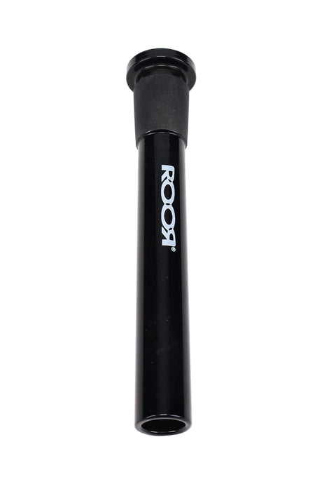 ROOR black reducing downstem with frosted ground joint section and logo, 18.8 mm to 14.5 mm connection.