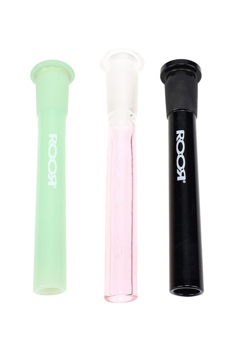 Three ROOR colored downstems in mint, pink, and black, 18.8 mm to 14.5 mm reducing GoG design arranged upright on white background.
