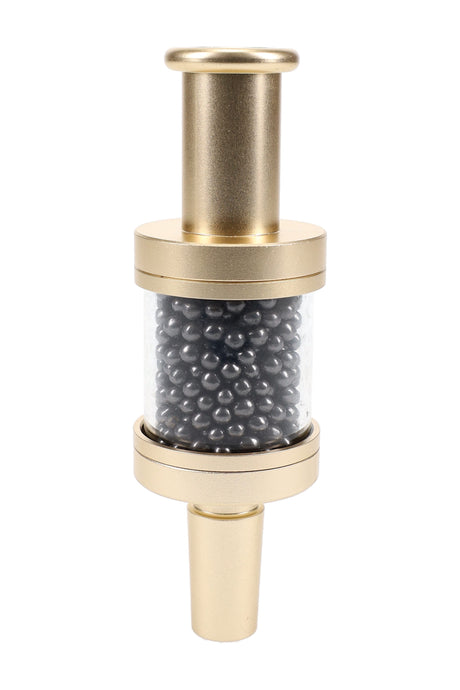 Flux Pike tar filter in gold with clear carbon media chamber, 14 mm bong filter accessory shown upright on white backdrop.