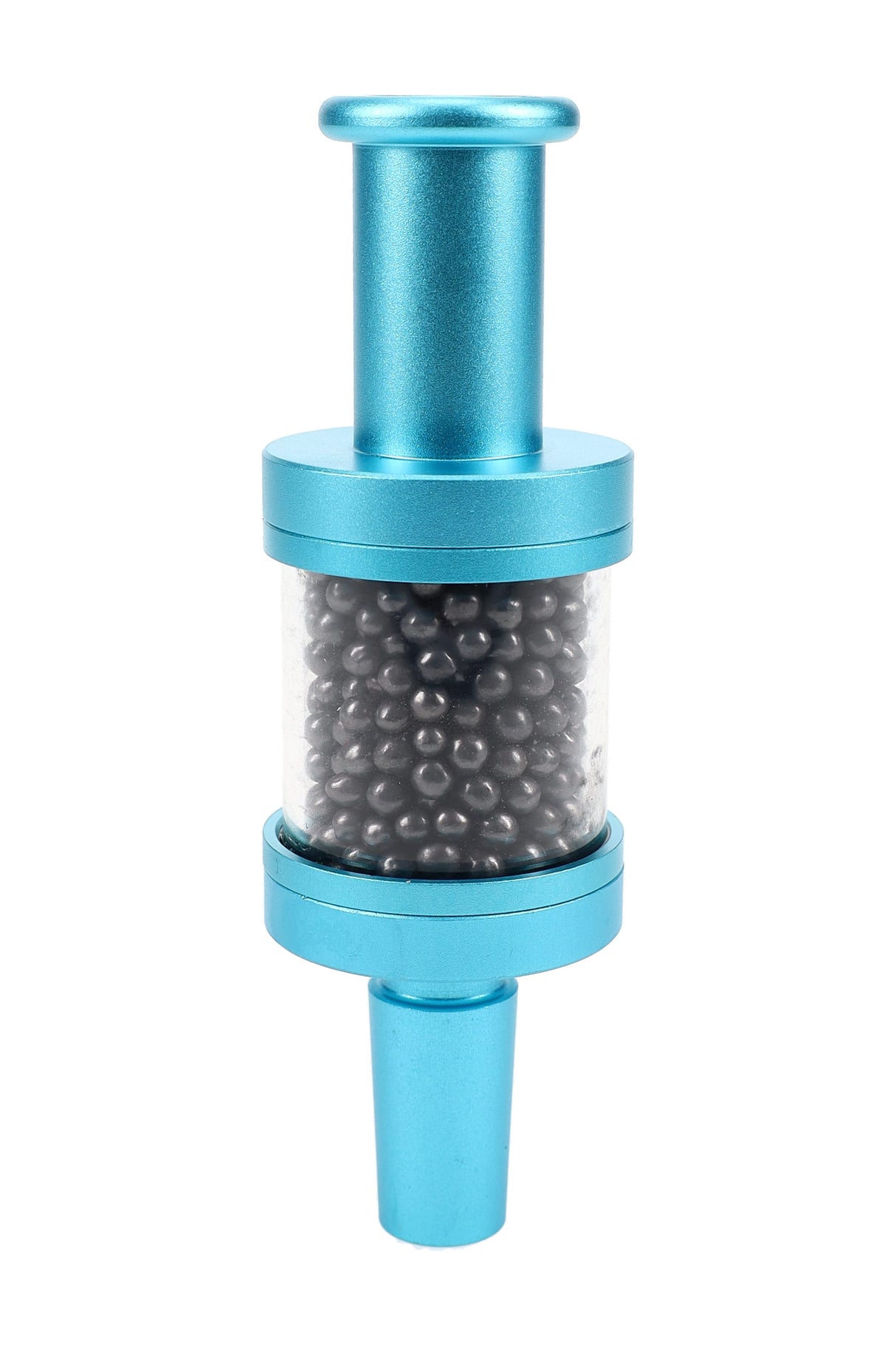 Blue Flux Pike tar filter, cylindrical carbon chamber and tapered connector, 14 mm bong filter attachment on white background.