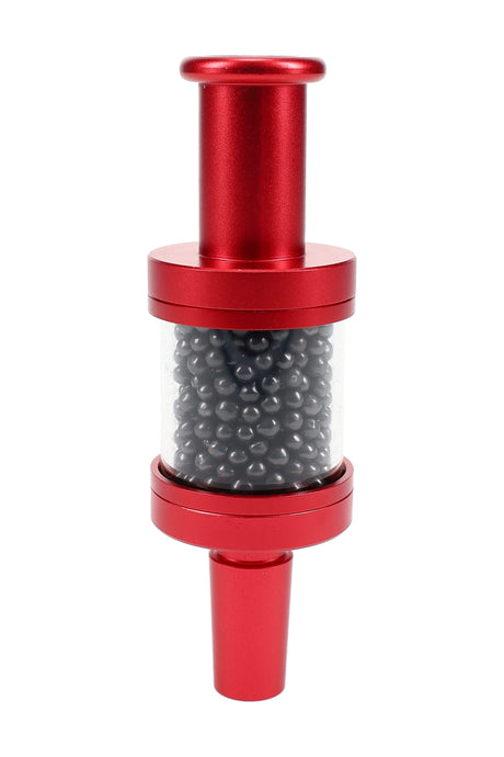 Red Flux Pike tar filter with visible carbon beads, 14 mm compatible bong filter attachment, studio white background.