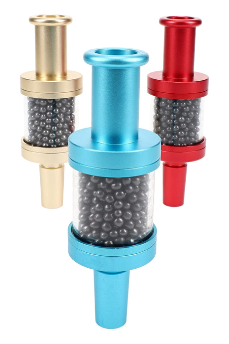 Group of Flux Pike tar filters in gold, blue, and red, carbon bead chamber visible, 14 mm bong filter attachment on white background.