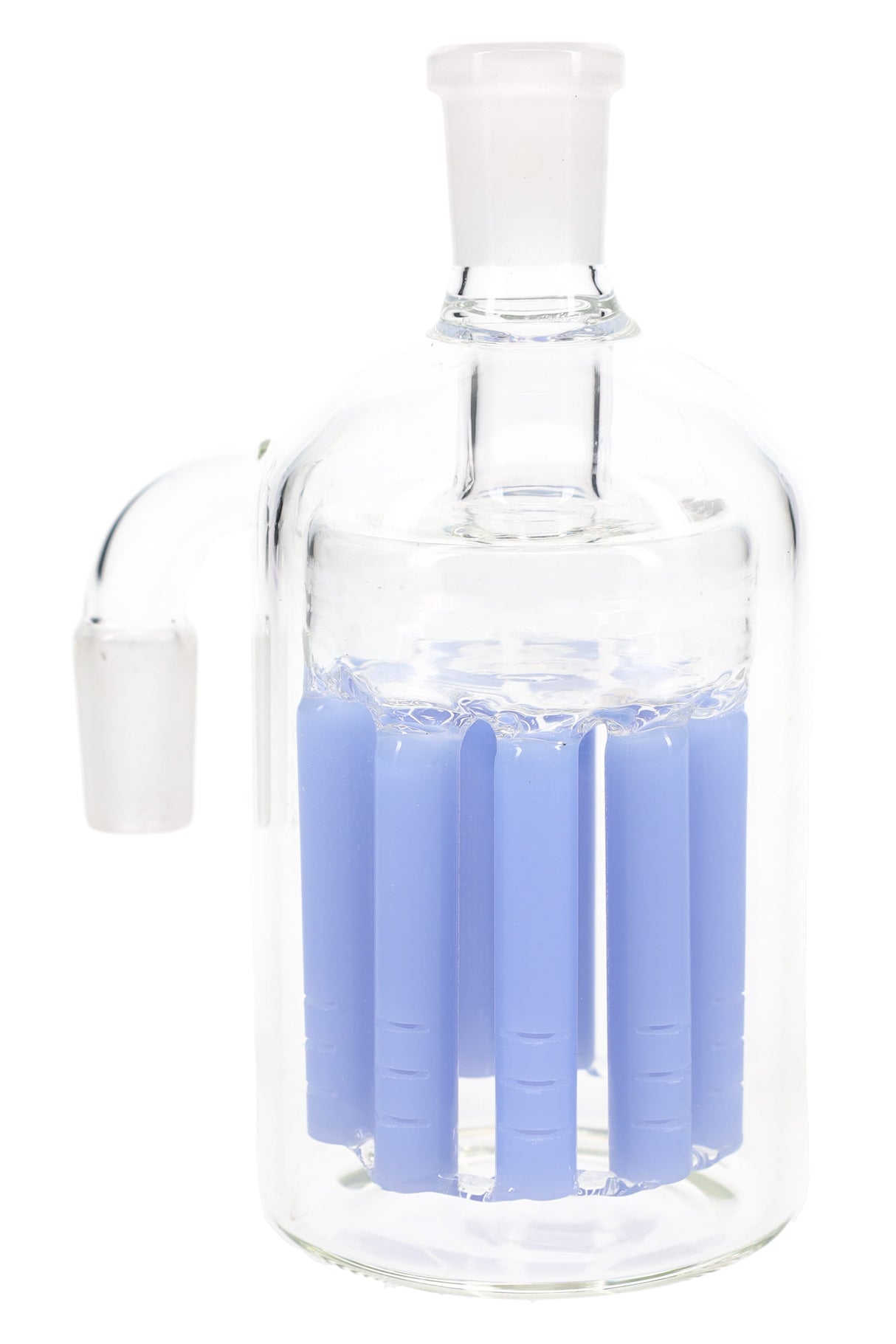 Light blue 14.5 mm 90° glass ash catcher with 11-arm tree perc and side male joint connector.