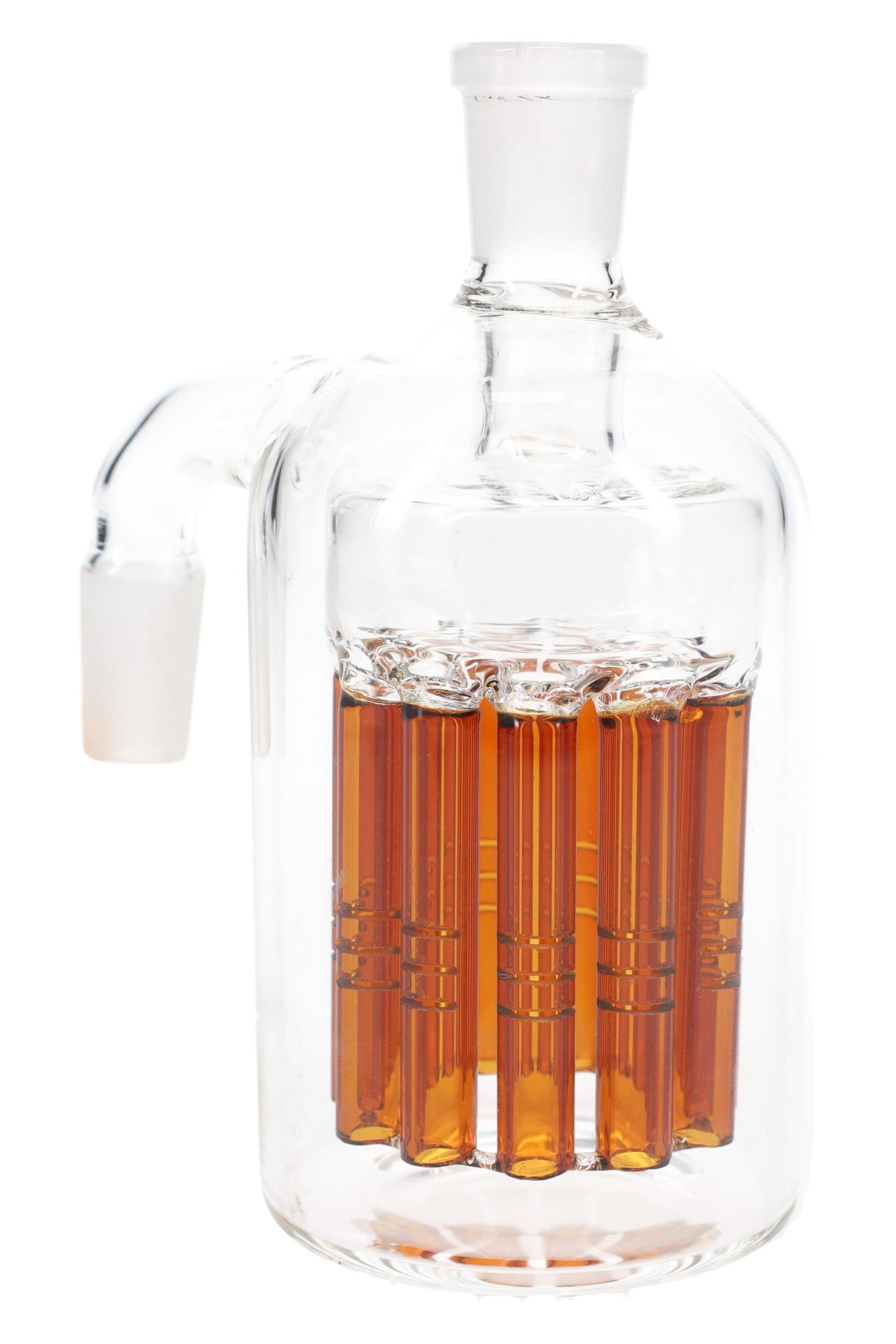 Amber 14.5 mm 90° ash catcher with 11-arm tree perc, clear female top joint visible.