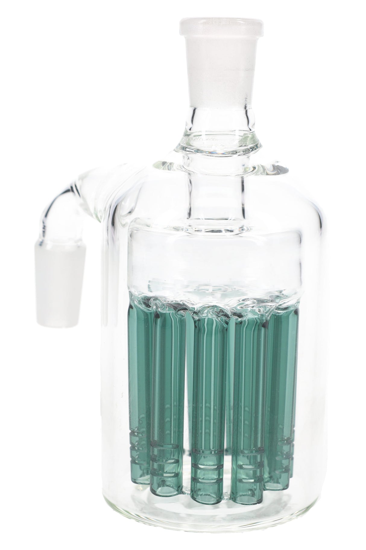 Teal 14.5 mm male-to-female 90° ash catcher highlighting the multi-arm tree percolator.