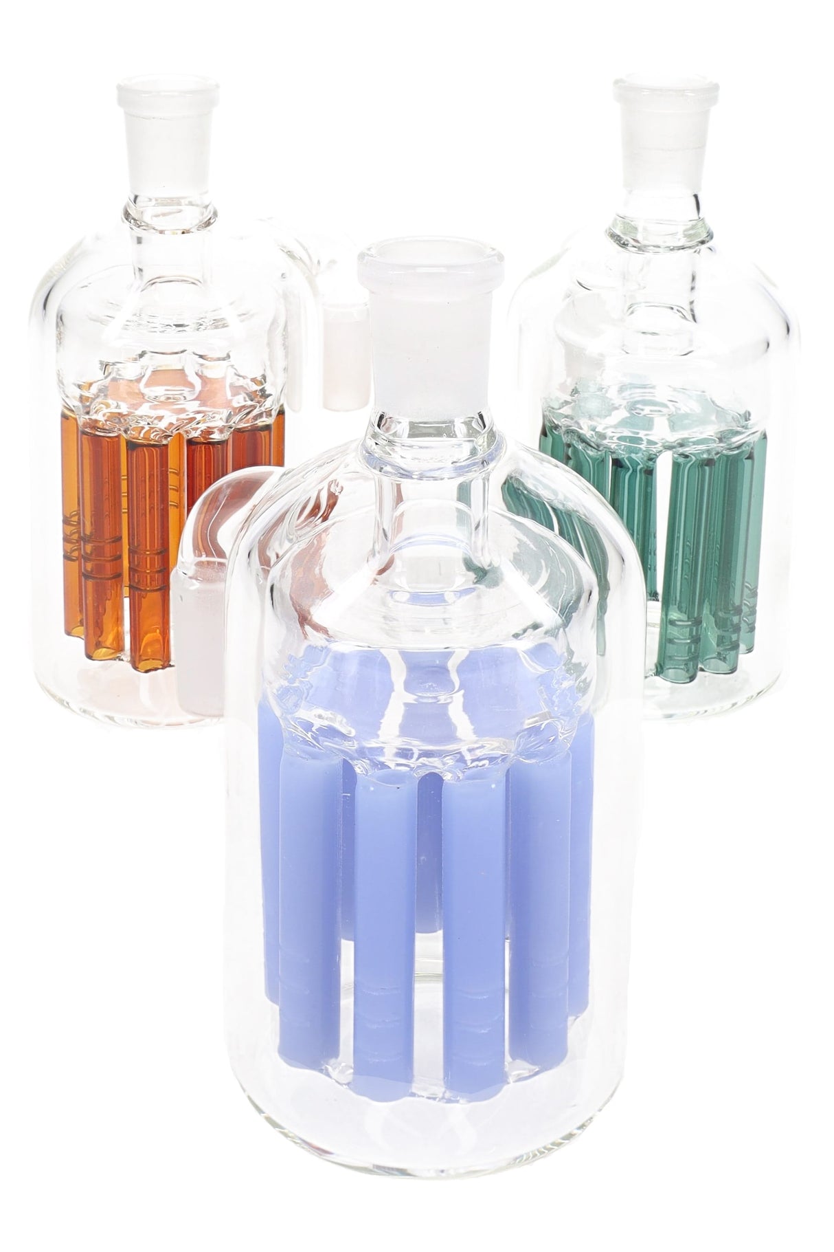 90° 14.5 mm glass ash catcher with 11-arm tree perc, trio shown in amber, teal, and light blue color options.
