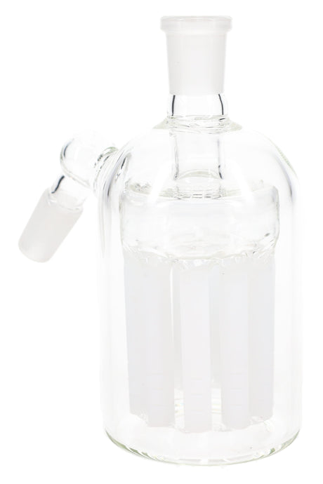 Frosted-white tree-perc glass ash catcher standing upright, 14.5 mm male-to-female 45° configuration for dry herb water pipes.