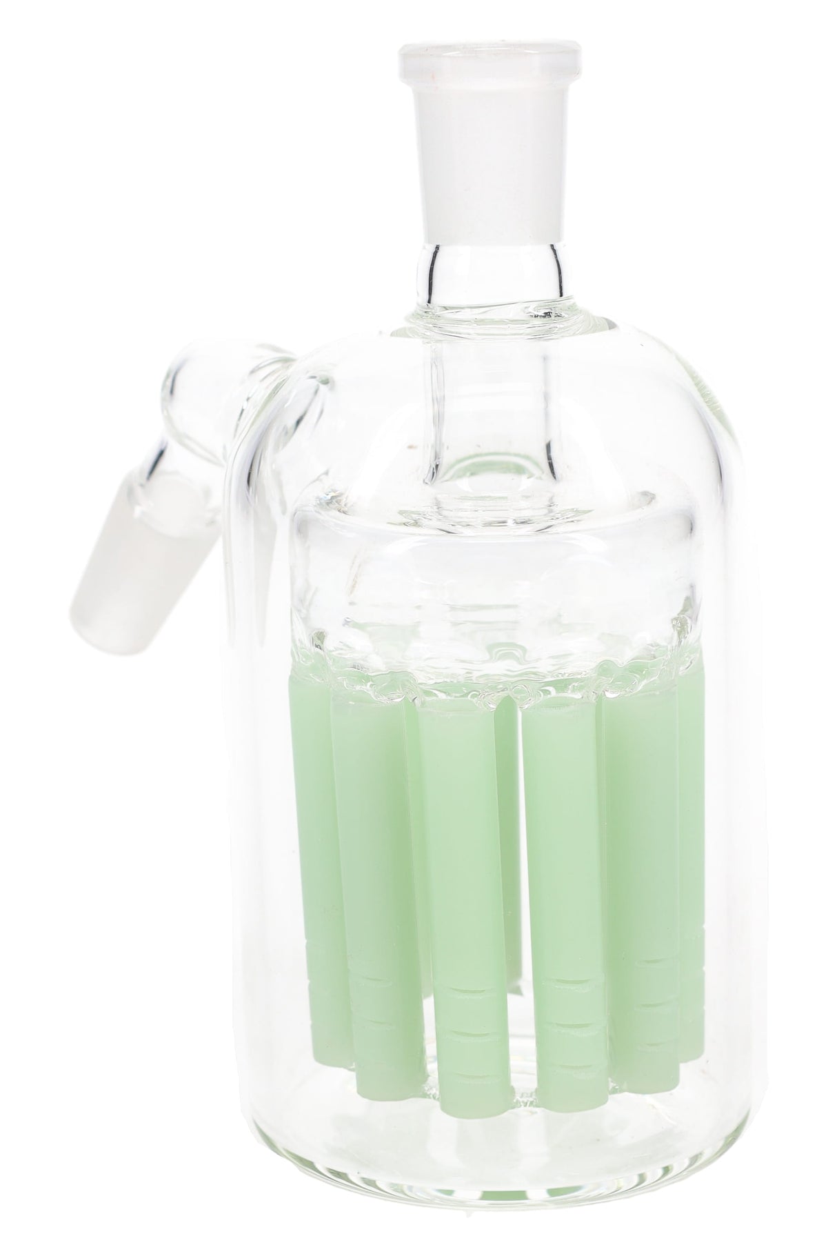Slime-green tree-perc glass ash catcher, 11-arm diffusion with 14.5 mm 45° male joint and matching female joint.