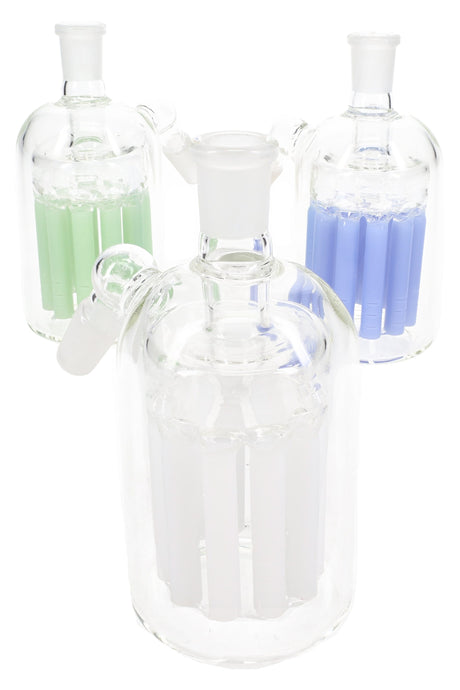 Group of three glass ash catchers with 11-arm tree percs in white, light blue, and light green, 14.5 mm male-to-female 45° joints, on white background.