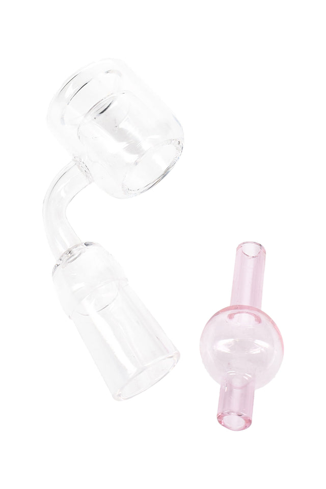 Clear quartz thermal banger with 90° neck and 14.5 mm joint, shown with pink bubble carb cap on a white background.