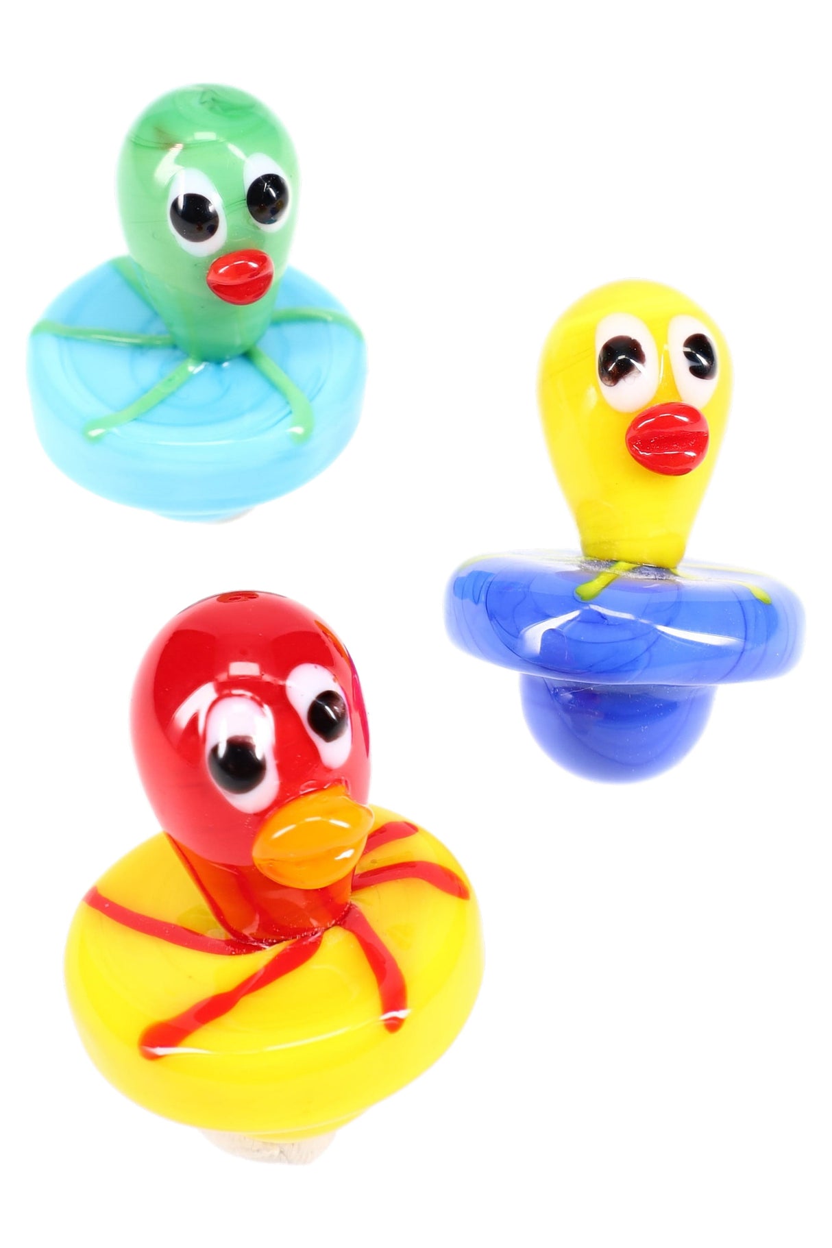 Trio of octopus-shaped glass caps in bright red, yellow, and green on colored bases; novelty airflow tool for flat-top bangers.