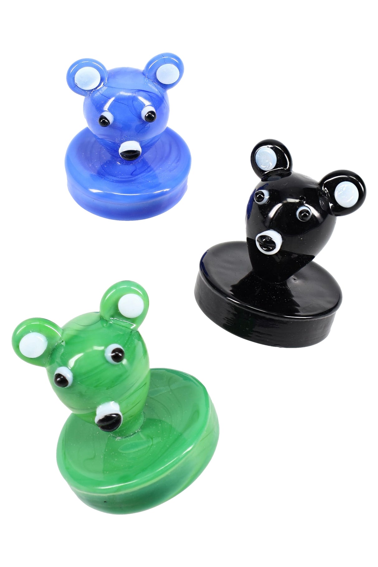 Trio of koala bear glass carb caps in blue, black, and green with wide sealing bases, novelty caps for flat-top quartz bangers.