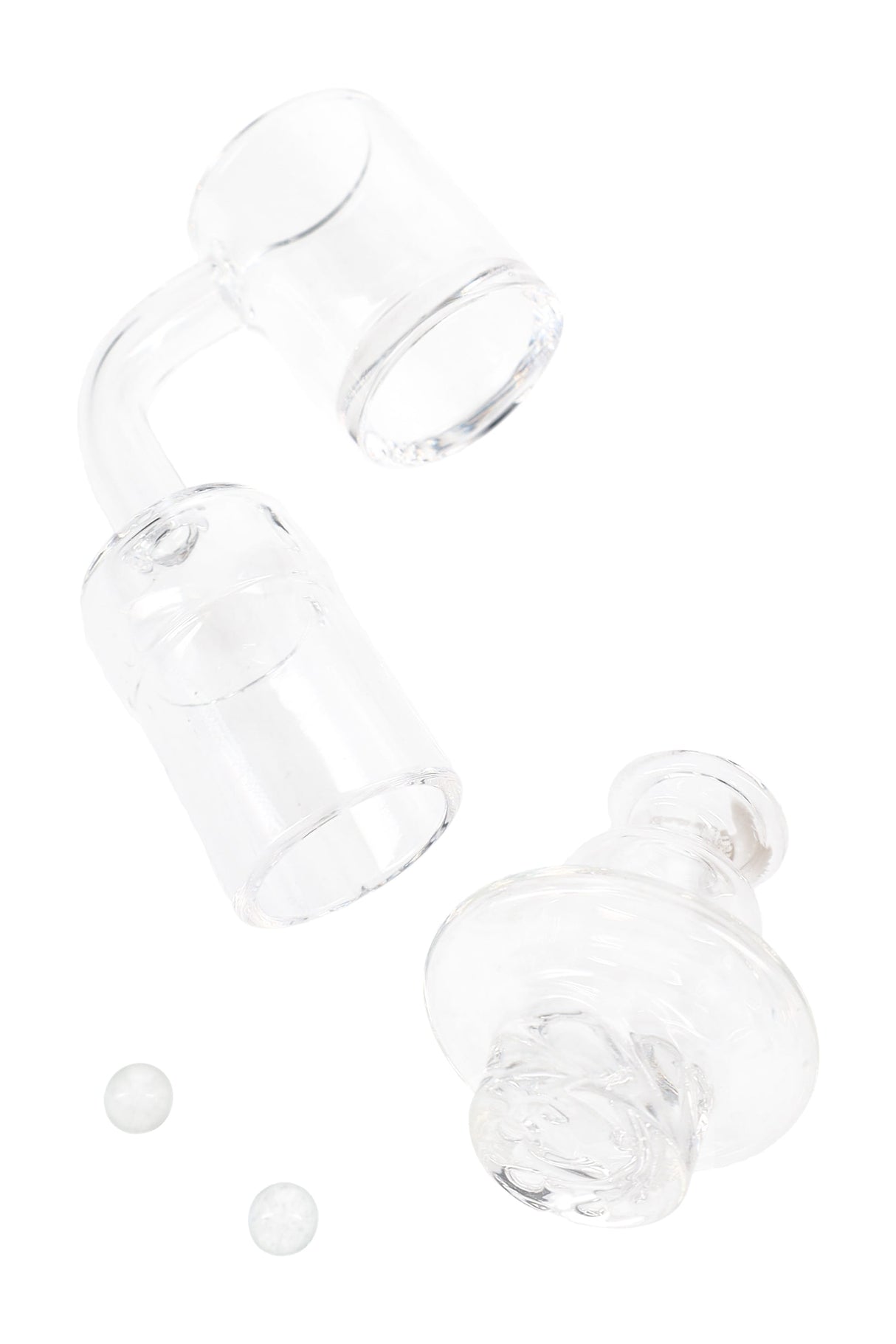 Clear quartz spinner banger with turbine carb cap and two 6 mm beads shown separately; domeless bucket design.