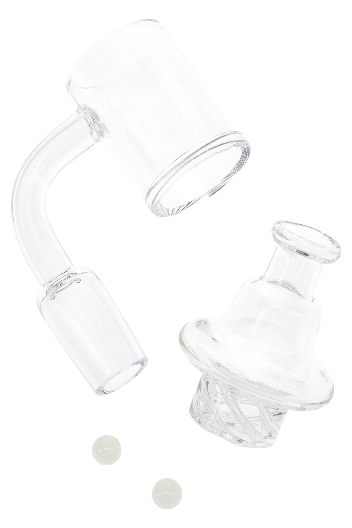 Clear quartz spinner banger set with 14.5 mm male joint, turbine cap, and two 6 mm glow-in-the-dark beads for low-temp dabs.