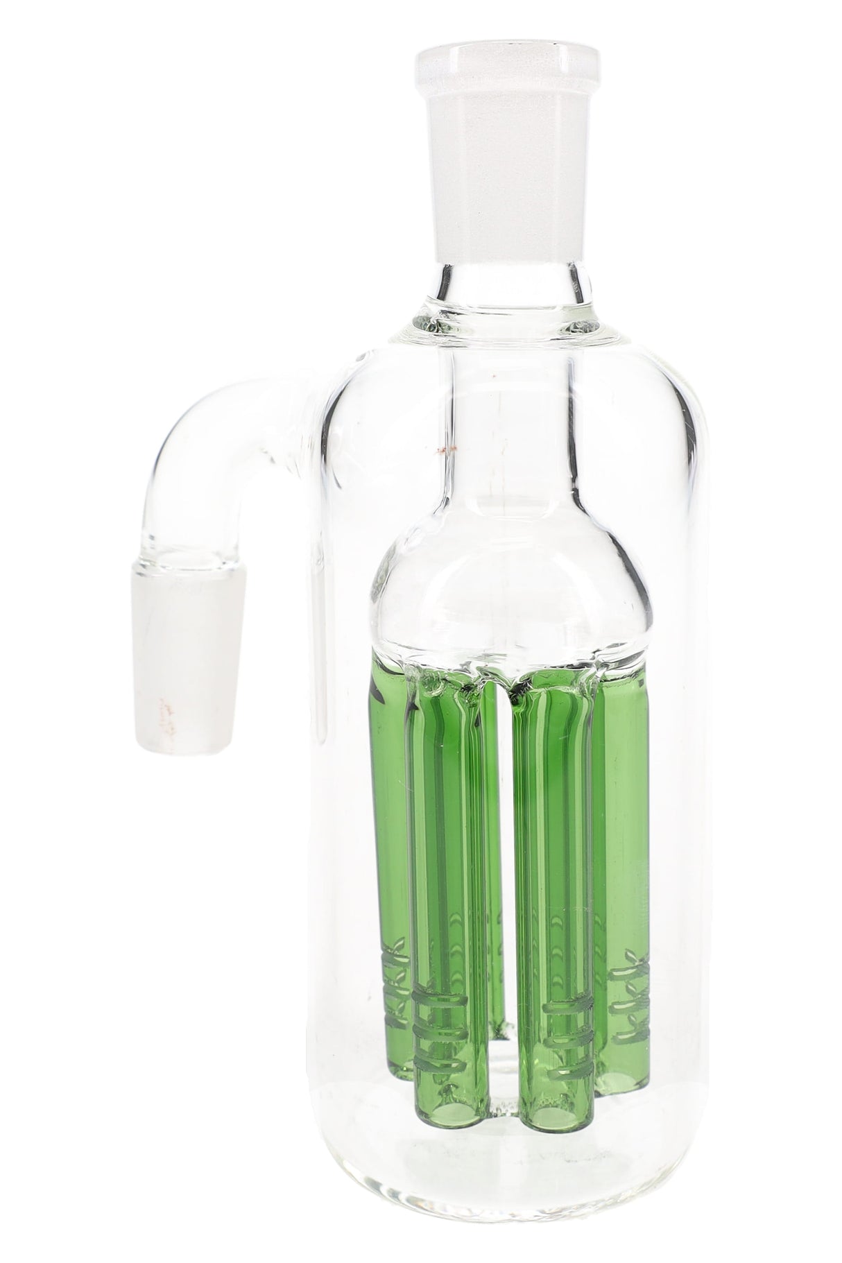 Green tree-perc glass ash catcher, 14.5mm male-to-female 90° joint, close view of chamber and slotted arms.