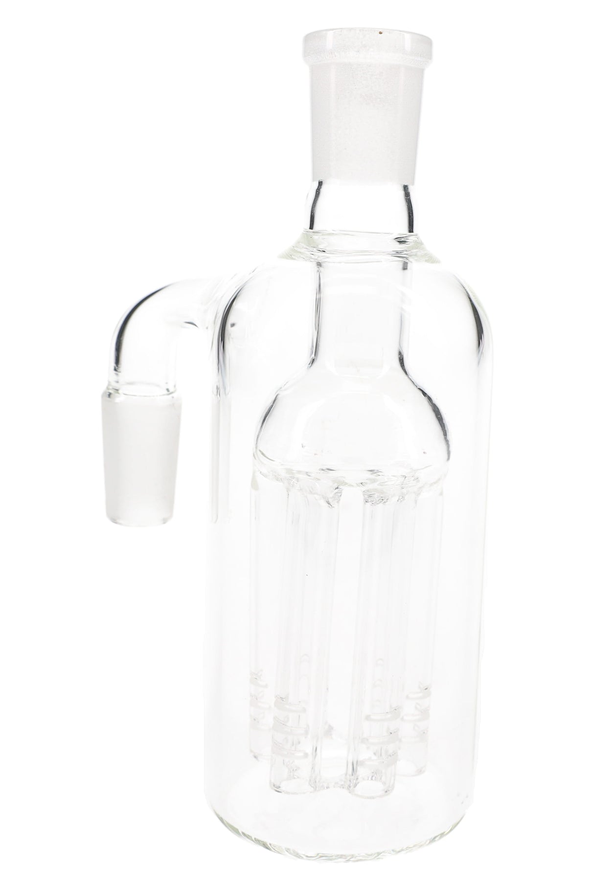 Clear glass ash catcher with 14.5mm male-to-female 90° joint and 6-arm tree perc, tall cylinder on white background.