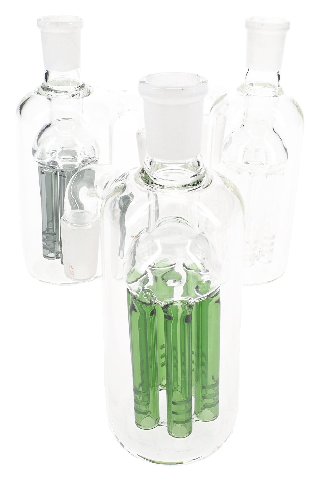 Set of blue, green, and clear 6-arm tree perc glass ash catchers with 14.5mm 90° joints on white.