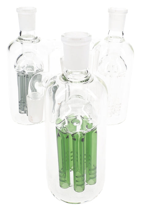 Set of blue, green, and clear 6-arm tree perc glass ash catchers with 14.5mm 90° joints on white.