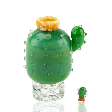 Green cactus spinner cap with clear spiral base and yellow rim, shown beside a matching mini cactus banger bead.