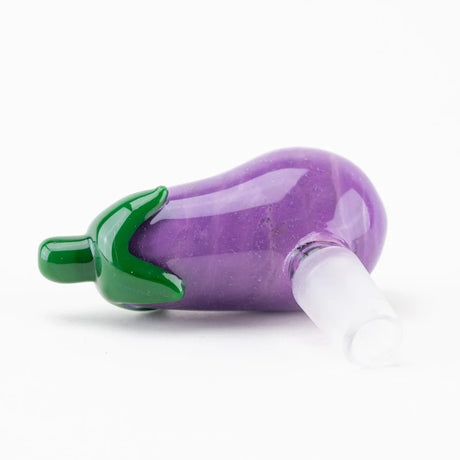 Side view of eggplant design glass bowl slide featuring frosted 14.5 mm male joint and curved purple body on white.