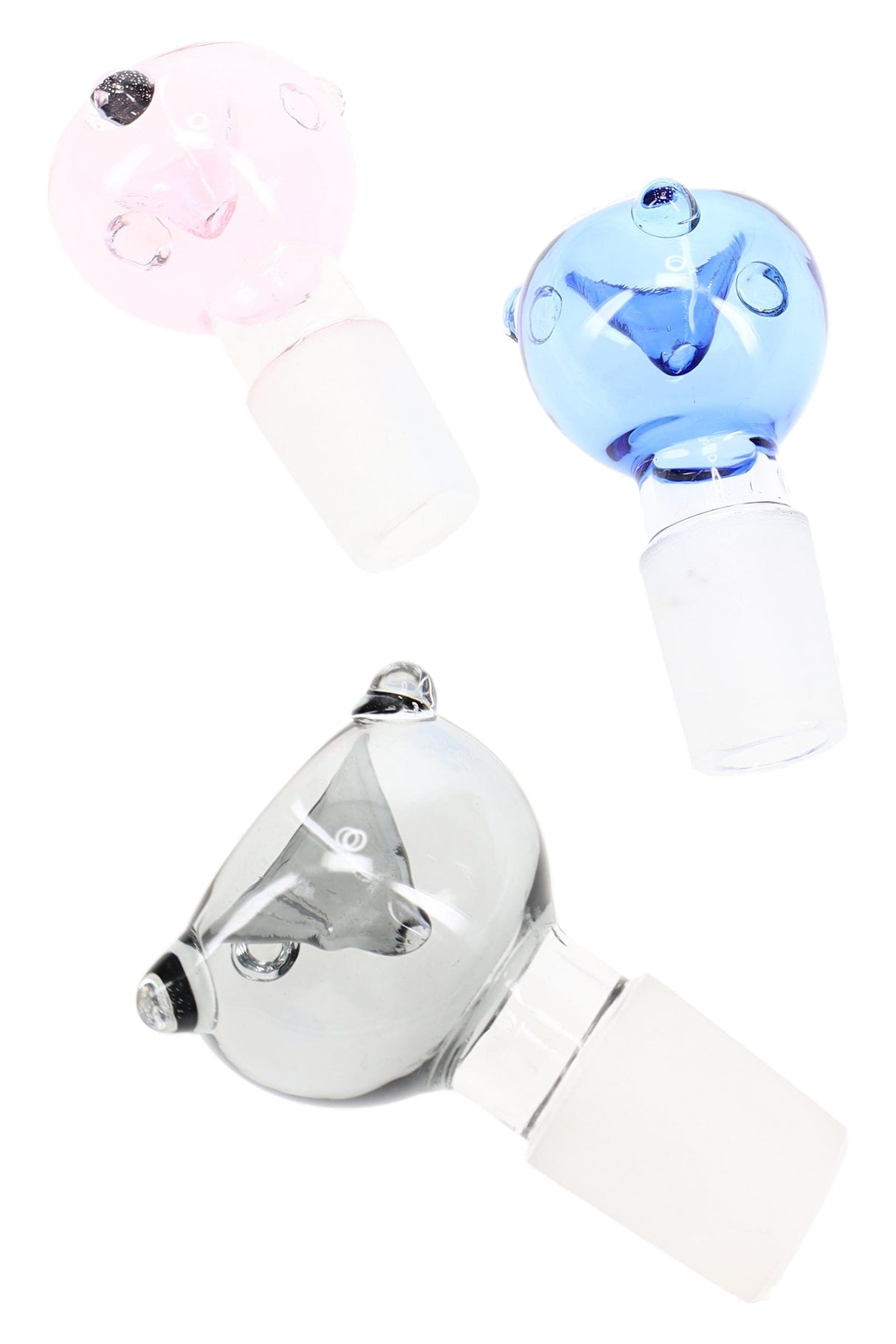 Three 18.8 mm male glass bowls in pink, blue, and smoke with frosted joints and raised dot accents