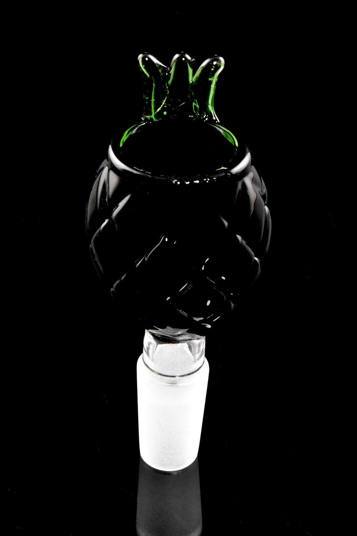 Black pineapple glass bong bowl with translucent green crown and 14.5 mm male frosted joint; deep, round cup.