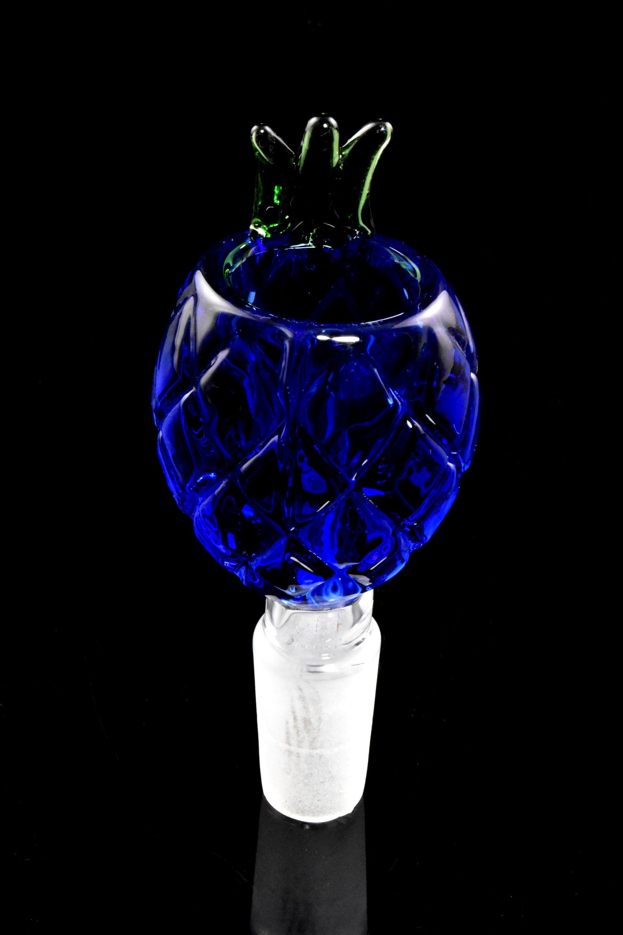 Cobalt blue pineapple bong bowl featuring a leafy green crown and 14.5 mm male joint; raised diamond texture.