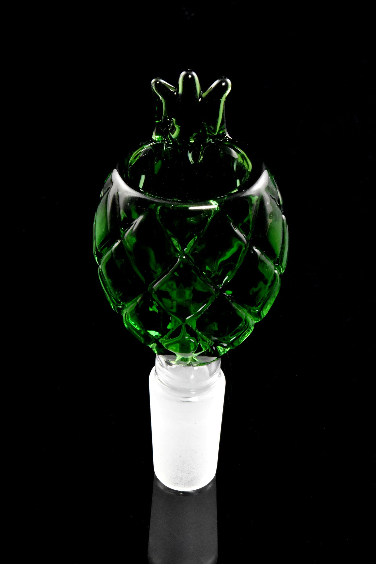 Emerald green pineapple-shaped glass bong bowl with green crown and 14.5 mm male frosted joint; sculpted exterior.
