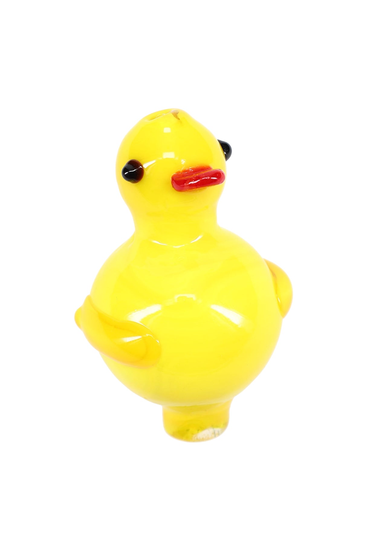 Yellow duck-shaped glass bubble carb cap with rounded body and tapered nozzle, designed to direct airflow over a flat-top banger for smooth hits.