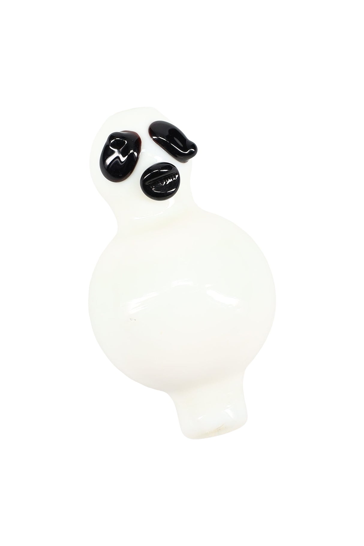 White character-style glass bubble carb cap with black features and tapered nozzle, designed to direct airflow over a flat-top quartz banger.