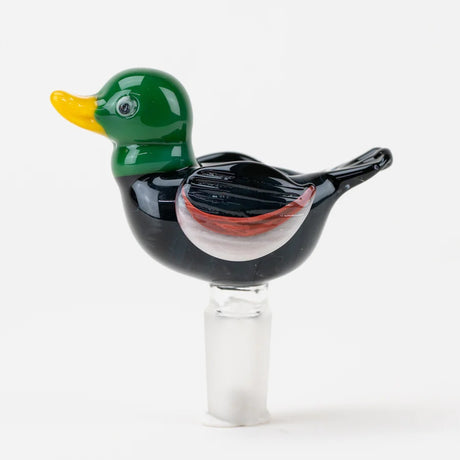 Side view of duck design glass bowl with green head, yellow bill, and frosted 14.5 mm male joint on white backdrop.