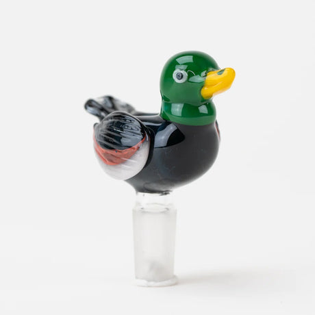 Front three-quarter view of duck glass bowl with 14.5 mm male joint; glow wing detail indicated, ready for 14 mm bongs.